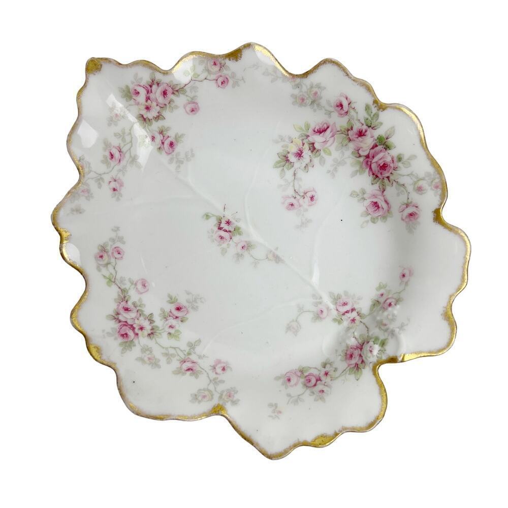 Vintage Limoges France Porcelain Floral Gold Trim Leaf Shaped Trinket Dish